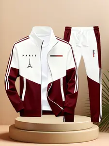 Men's Paris Logo Sportswear Set Casual Sports Jacket & Jogging Pants Geometric Print Stand-Up Collar Zipper Jacket Color-Matching Design Suitable for All Seasons Menswear - Clothes