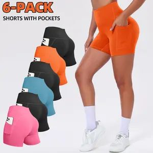 Local Shipping | 4/6/8 pcs women’s high-waist workout shorts, dual pockets, elastic and breathable fabric, ideal for yoga, running, tennis, and daily training