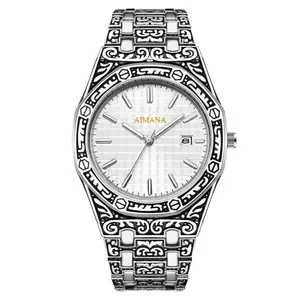 AIMANA Vintage Engraved Men’s Watch, Luxury Wristwatch with Date Display, Stylish Fashion Watch for Parties and Daily Wear, Perfect Gift for Him