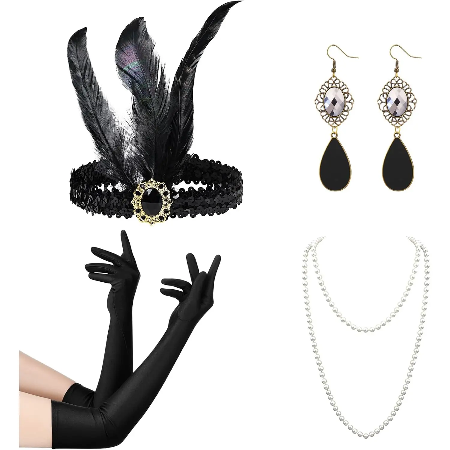 Women's 1920s Flapper Costume Set with Roaring 20s Headband Headpiece - Lady's Fashion Accessory Set for Halloween, Cosplay Parties
