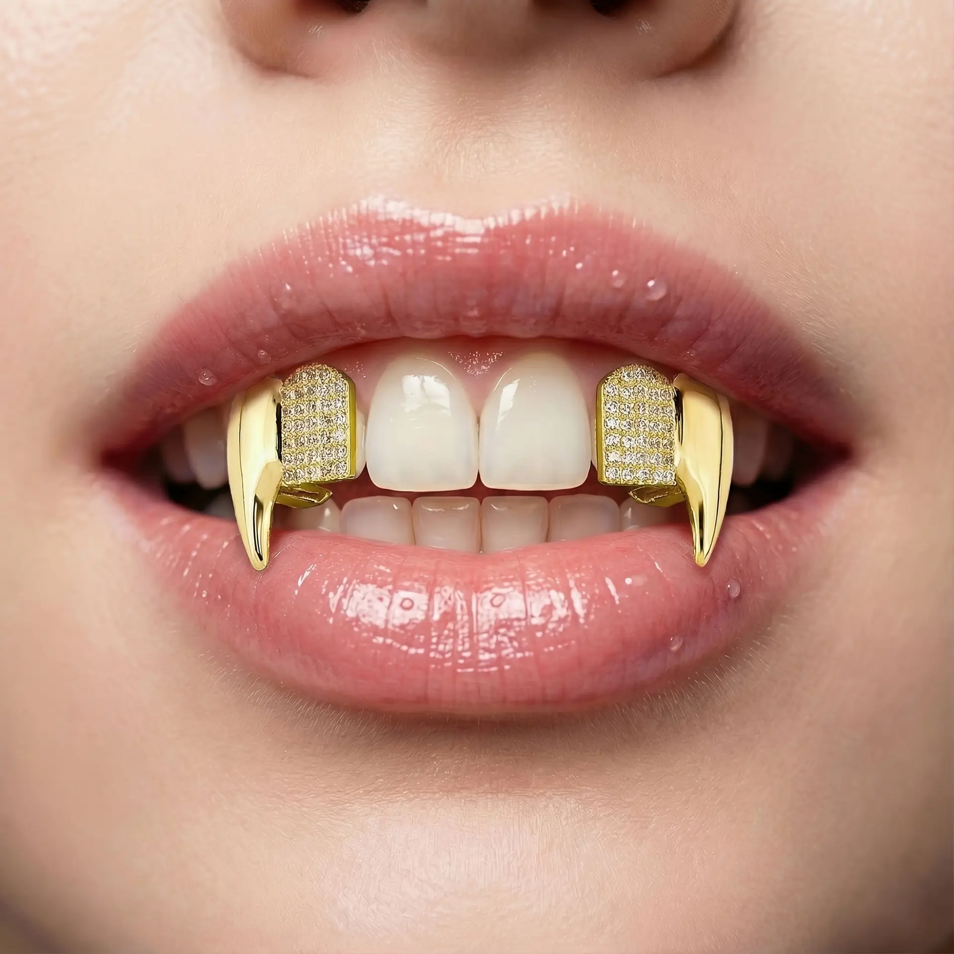 2-Pack Hip-Hop Trendy Shiny Vampire Fangs Tooth Ornaments, Fashionable Classic Tooth Jewelry for Women, Inlaid with Synthetic Zirconia Embellishments, Ideal Halloween Jewelry Gifts