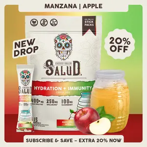 [New Drop] Salud 2-in-1 [Hydration + Immunity - Manzana | Apple]  Agua Fresca Drink Mix, Elderberry, Dairy & Soy Free, Non-GMO, Gluten Free, Vegan, Low Calorie, 1g Sugar (15 Servings)