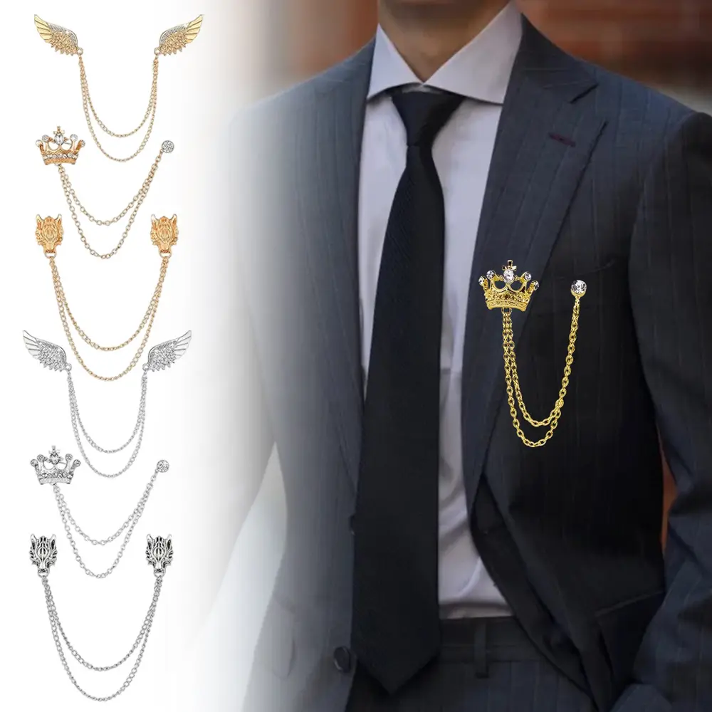 Men's 6-Piece Elegant Brooch Set - Vintage Gold/Silver Tassel Chain Lapel Pins with Rhinestone Animal & Crown Designs, Alloy Suit Accessory with Back Clasps, Lightweight & Fabric Friendly, Non-Deformable, Ideal Father Gift for Graduation, Alloy Metal