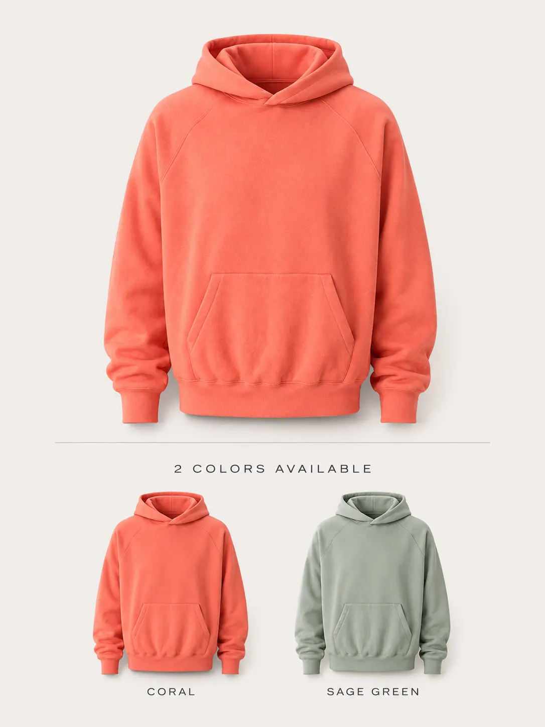 Men's Casual Pullover Hoodie, Relaxed Fit Raglan Sweatshirt with Structured Double-Layer Hood & Kangaroo Pocket– Coral / Sage Green