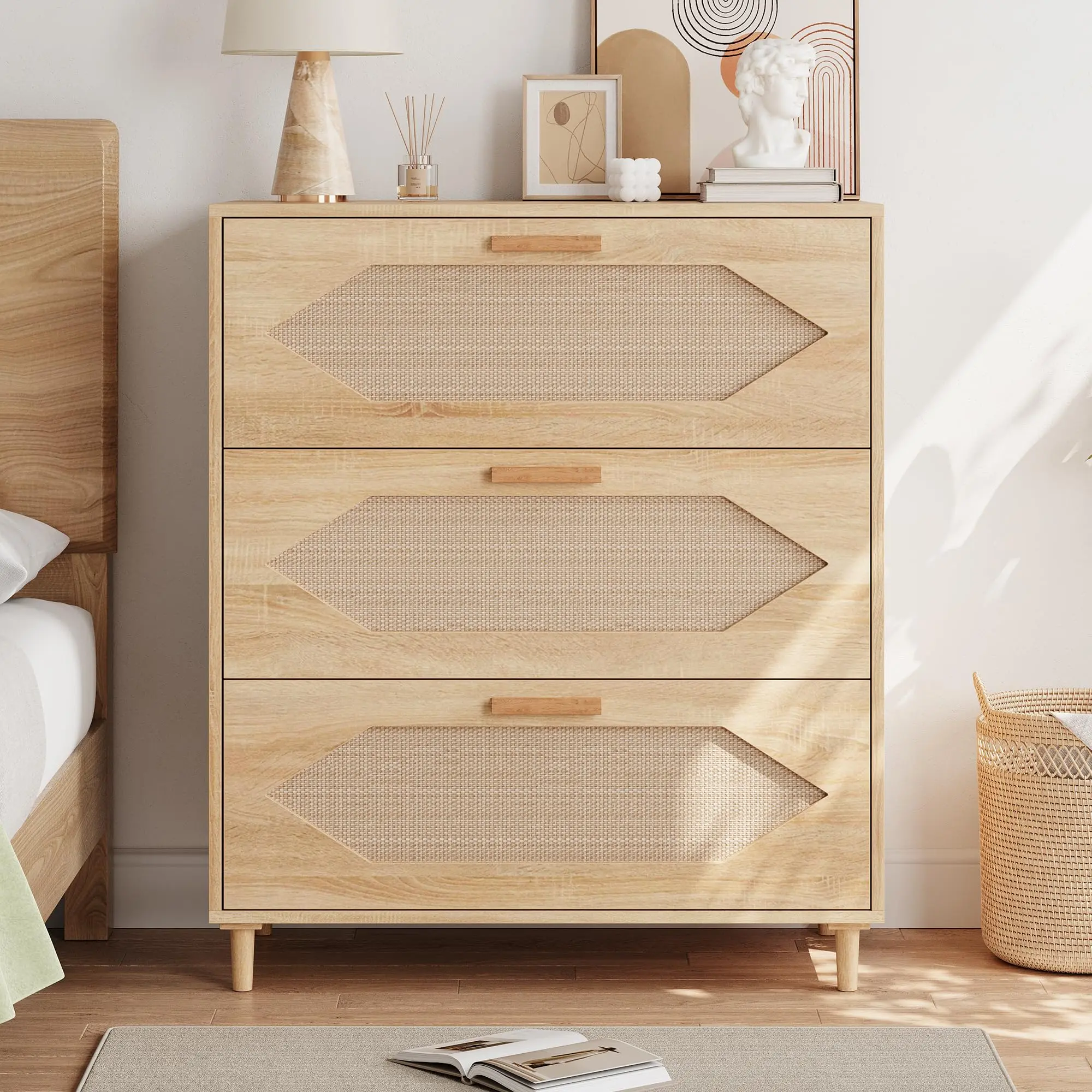 GAOMON 3-Drawer Rattan Modern Storage Cabinet, 31.5in Wide Oak Wood Dresser Chest for Bedroom & Kids Bedroom, Cabinet and Storage Solution for Space-Saving Indoor Organization, Modern Storage Cabinets