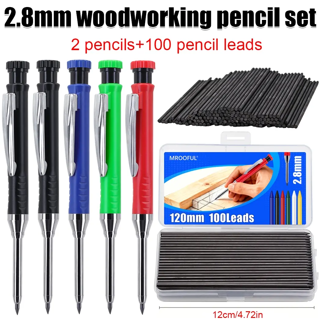 2.8mm Carpenter Pencil Set with 2 pencils and 100 12cm refills, 40mm long pointed deep hole marking tool, suitable for woodworking, furniture manufacturing, construction, metal pipe, drywall cutting, deep hole marking, Carpentry Tools