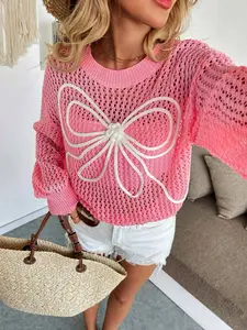 Women's Bow Embroidery Sweater, Casual Long Sleeve Crew Neck Jumper for Spring, Fashion Chic Women's Knitwear for Daily Wear, Clothes for Women, Womenswear, Tops