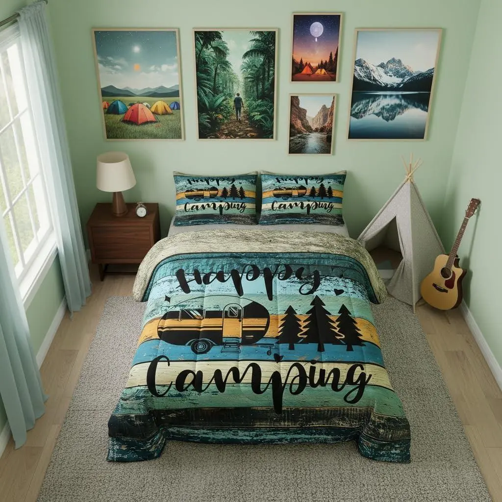 Camper Bedding Comforter Set,Happy Camping Comforter Set Microfiber RV Inside Decor Duvet Bedding,Camper Accessories Travel Trailers,Camper Must Haves