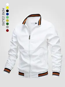 Men's Striped Trim Zip Up Varsity Jacket, Regular Fit Long Sleeve Pocket Baseball Jacket, Windbreaker Bomber Jacket, National Day Clothing, Men's Spring Clothing