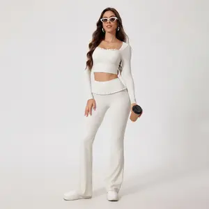 Women's 2-Piece Sportswear Set - Ruffle Square Neck Long Sleeve Crop Top with Built-in Bra, High Waisted Ruched Leggings for Yoga, Workout athleisure wear
