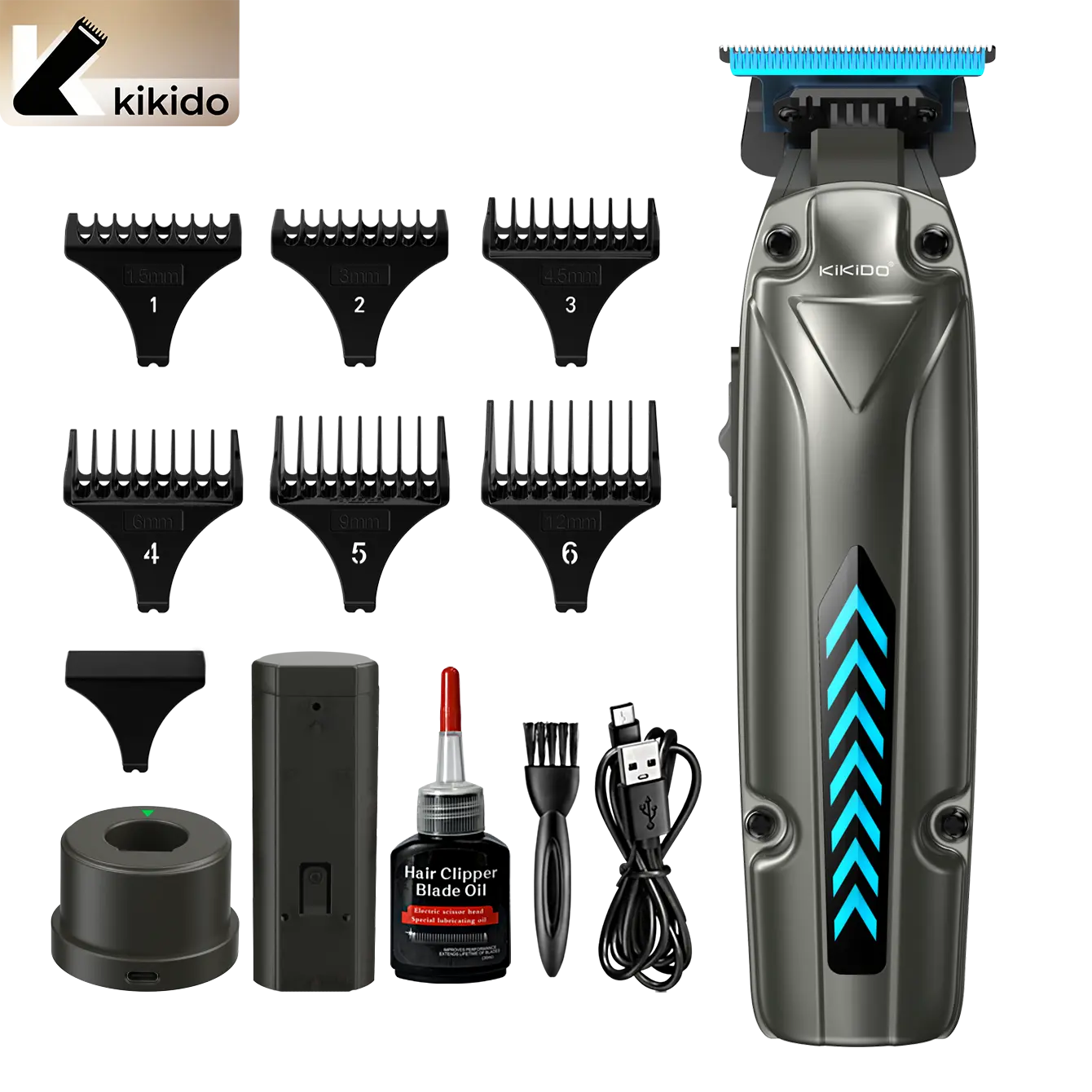 Kikido Rechargeable Hair Clipper with Removable Battery 6 Combs Charging Base for Men Home Use