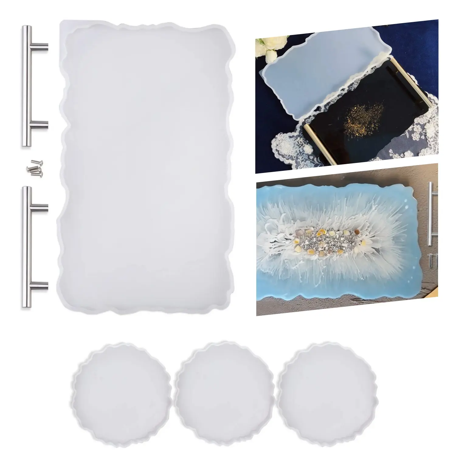 DIY Agate Tray Mold Kit - Reusable Silicone Epoxy Resin Rectangle Tray with Silver Handles (8.3x14x0.4inch), 5.3x5.3x0.38inch Circular Coaster Molds, Easy Release, Sparkling Effect for Home Improvement, Building Supplies