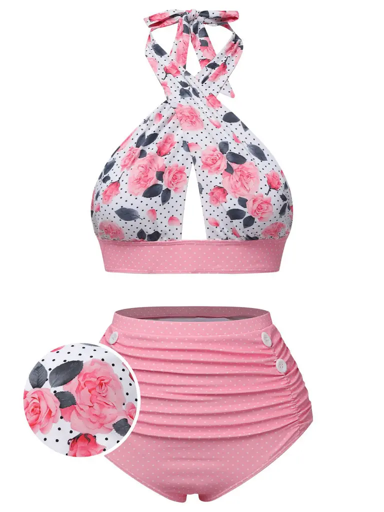 Women's 1940s Retro Pink Cross-Halter Floral-Printed Backless 2-Piece Bikini Swim Sets with Button Decor, High Rise Swim Bottoms, for Beach, Travel, Swim Sets For Womensummer outfits beach essentials vacation outfits Ruffle Twist Swimsuit Ruffle Swimsuits