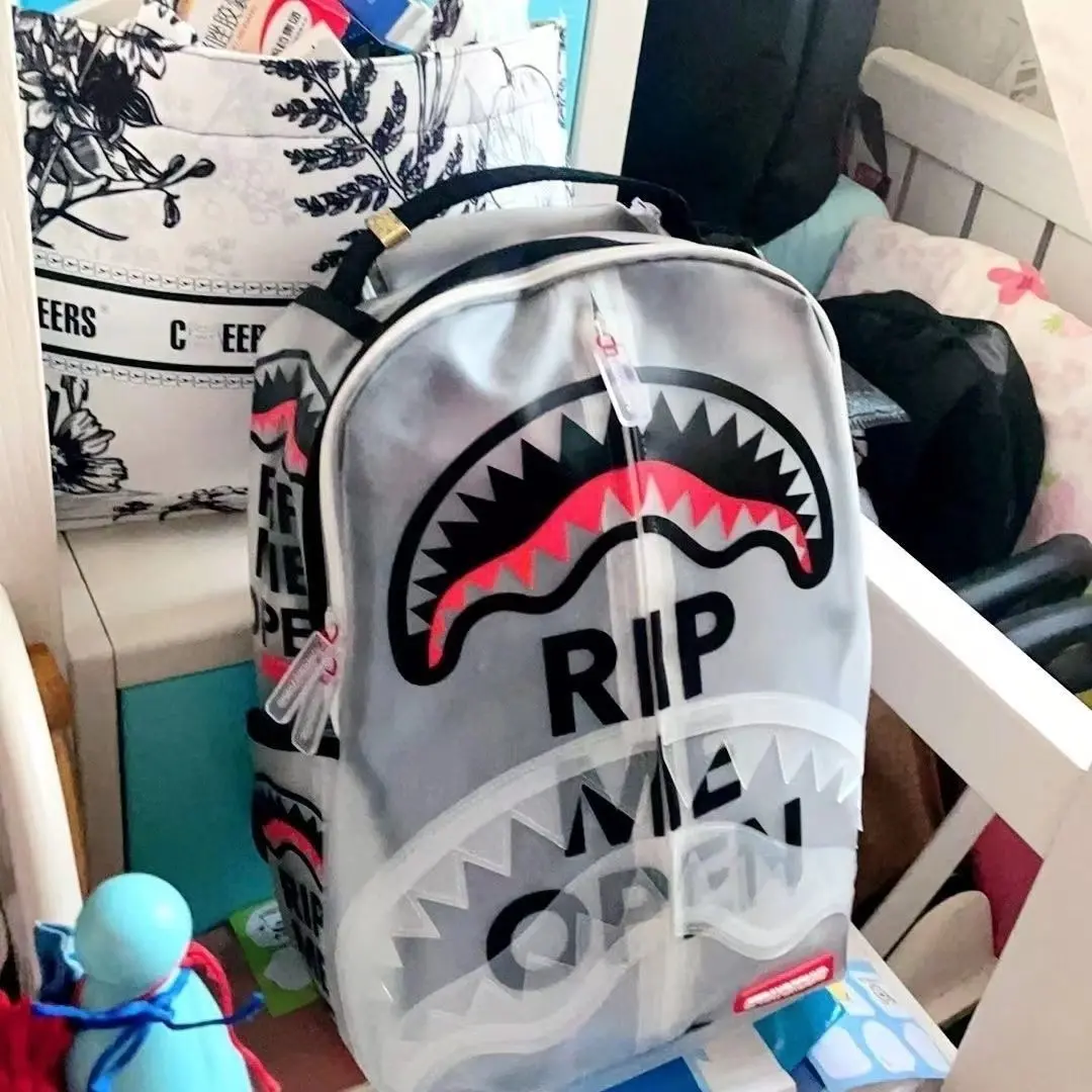 Sprayground Transparent Gray Shark Mouth Backpack - Clear See-Through RIP Graphic Streetwear Casual Daypack for Teens Boys Street Fashion Fans