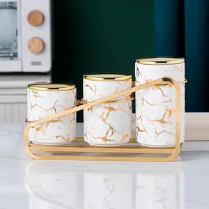 Ceramic Patterned Metal Canister Set - A Set of 3 Kitchen Canisters with Tiered Shelf, White Color, Airtight Storage for Coffee and Sugar