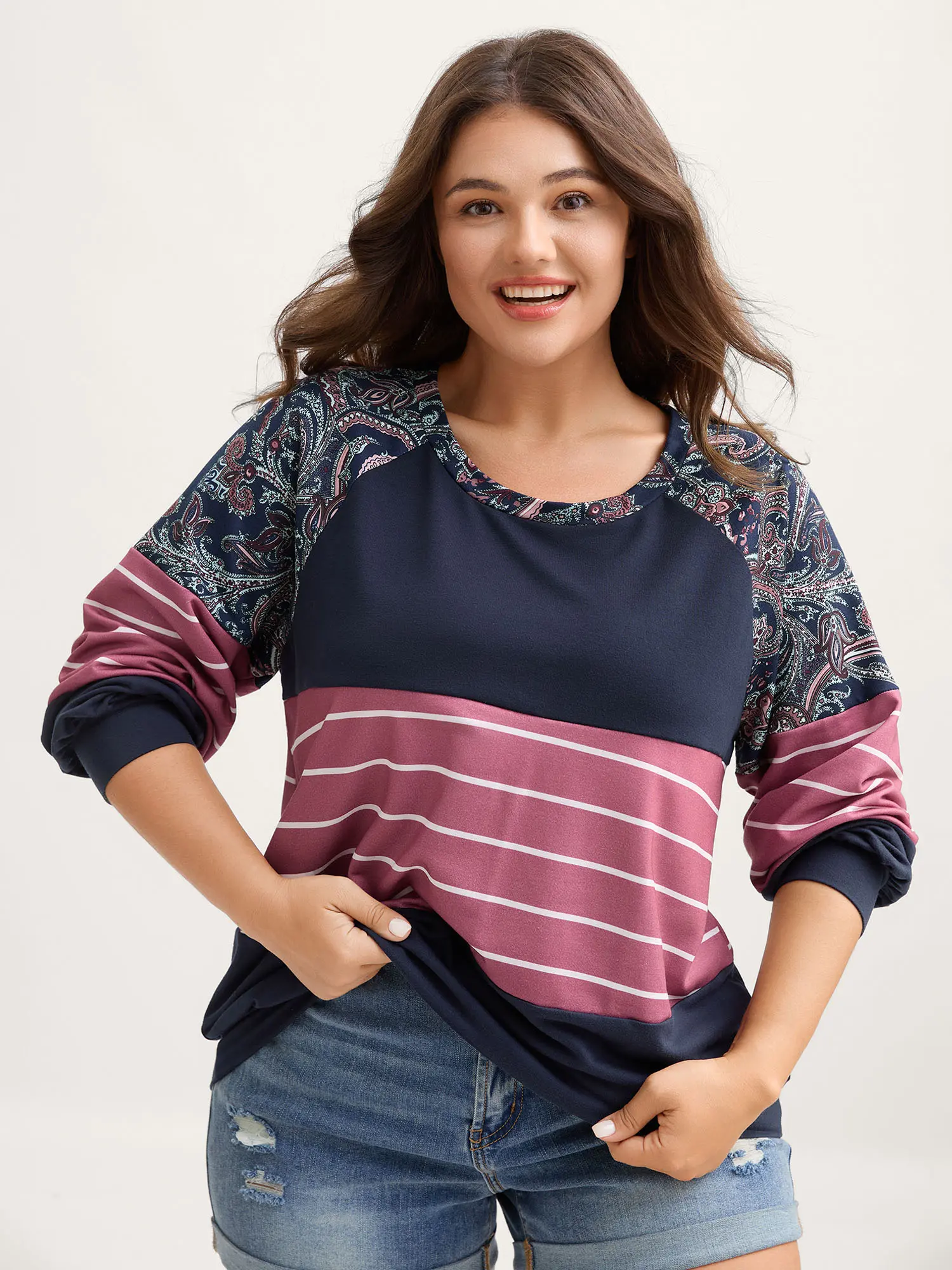 BloomChic Women's Plus Size Casual Fashion Cozy Longsleeves Hoodie-Sweatshirt Top, Supersoft Polyester Blend, Colorblock Paisley Print, Fitted Cut, Round Neck, Indigo Striped Quarter-Zip, Regular Length,  Pullover