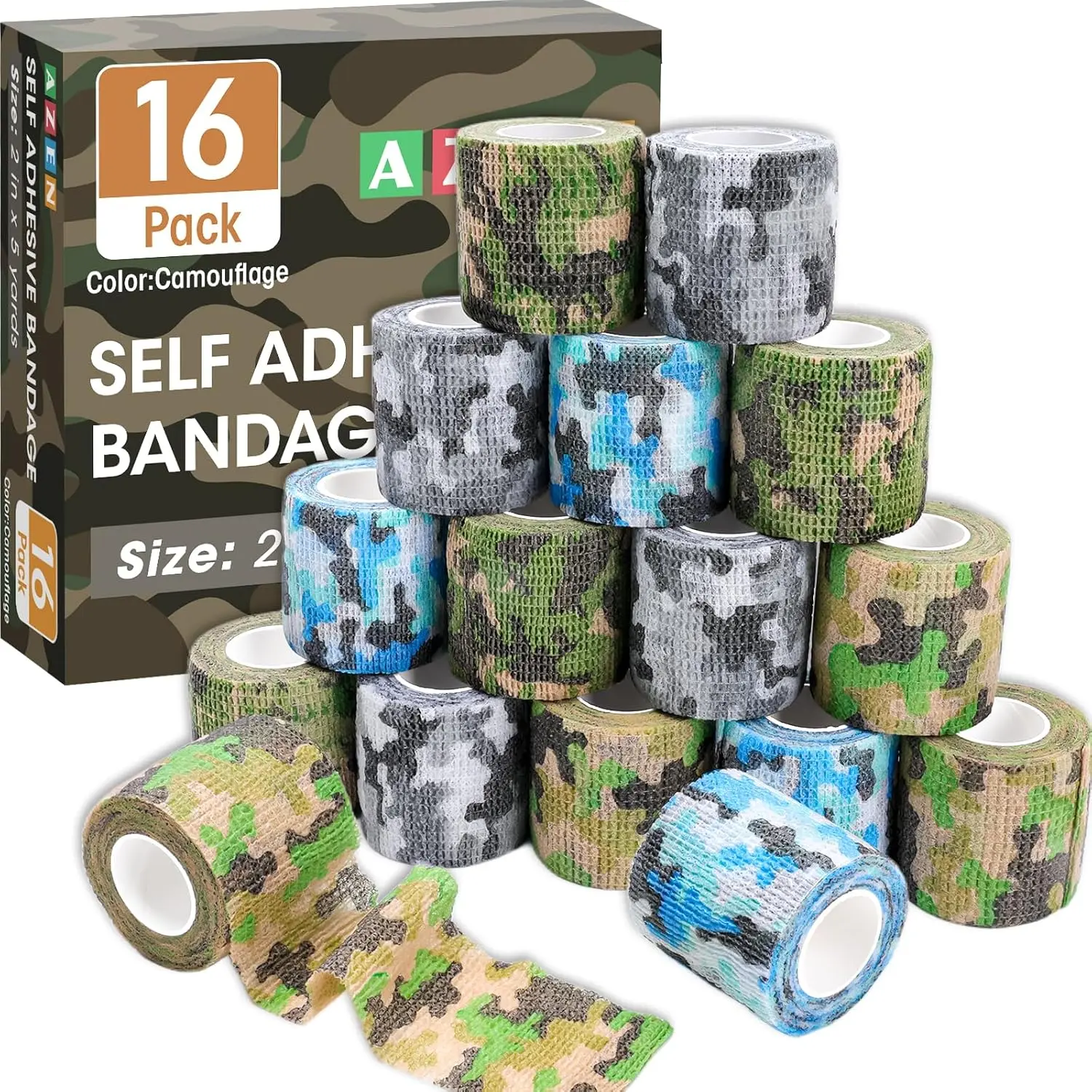 AZEN 16 Pack Self Adhesive Bandage Wrap, 2"" X 5 Yards Elastic Cohesive Bandage Wrap, Athletic Tape, Vet Wrap, Ankle Tape, Tattoo Tape Wrap (Camo)