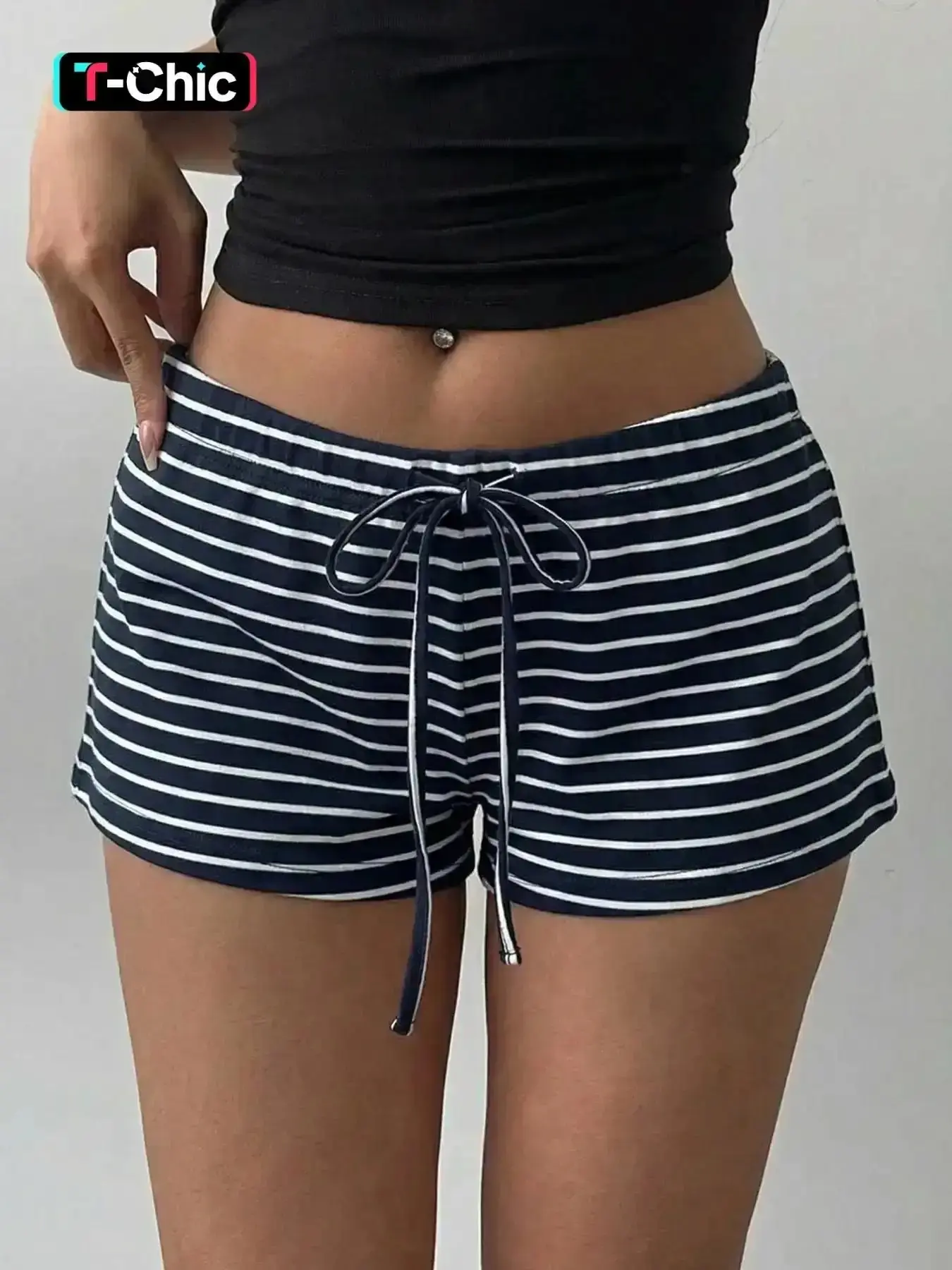 Women's Striped Summer Shorts, Drawstring High Waist Slim Fit, Casual Lounge Wear, Trendy Street Style, Chic, Comfortable & Stylish, High Waisted Shorts, Casual Fashionable Shorts, Comfy Shorts