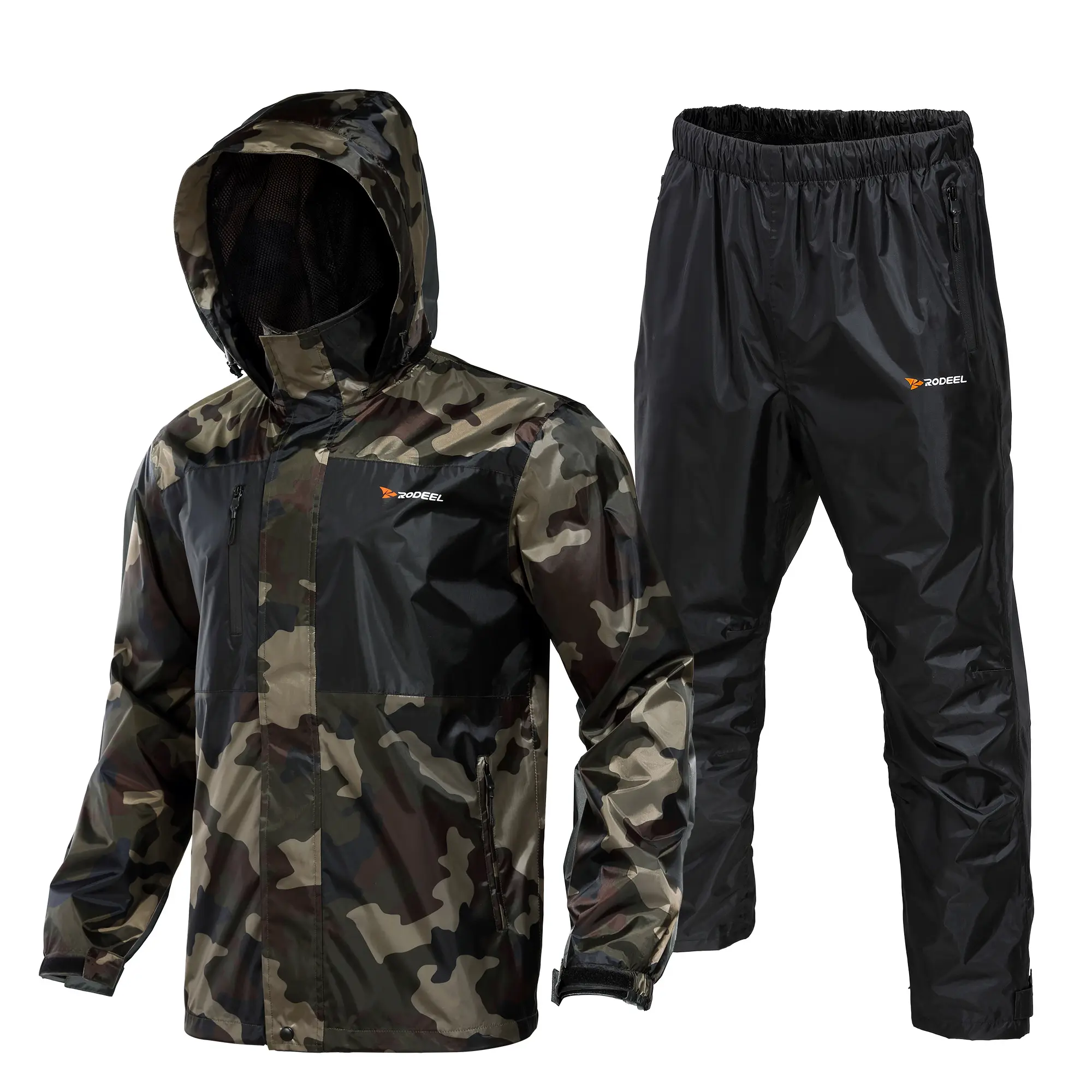 RODEEL 702 Men’s Rain Jacket and Pants Set Waterproof Suit, Lightweight Breathable Hooded Full Zip Rainwear, Durable Weatherproof Windbreaker Workwear for Fishing, Boating, Construction, Roofing, Landscaping, Tree Service