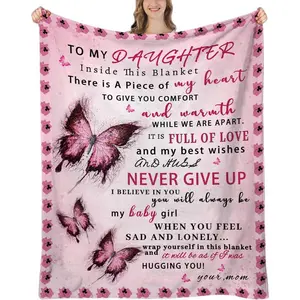 To My Daughter Inspirational Butterfly Throw Blanket Flannel Soft Fleece Bedding Birthday Easter Gift Personalized Letter Message Cozy Lightweight Pink