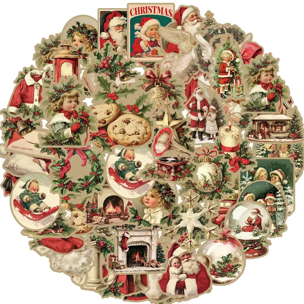Christmas Themed Sticker, 50pcs/set Retro Santa Claus Sticker, Waterproof Holiday Sticker for Scrapbook, Cards, Junk Journals, Water Bottles, Decor