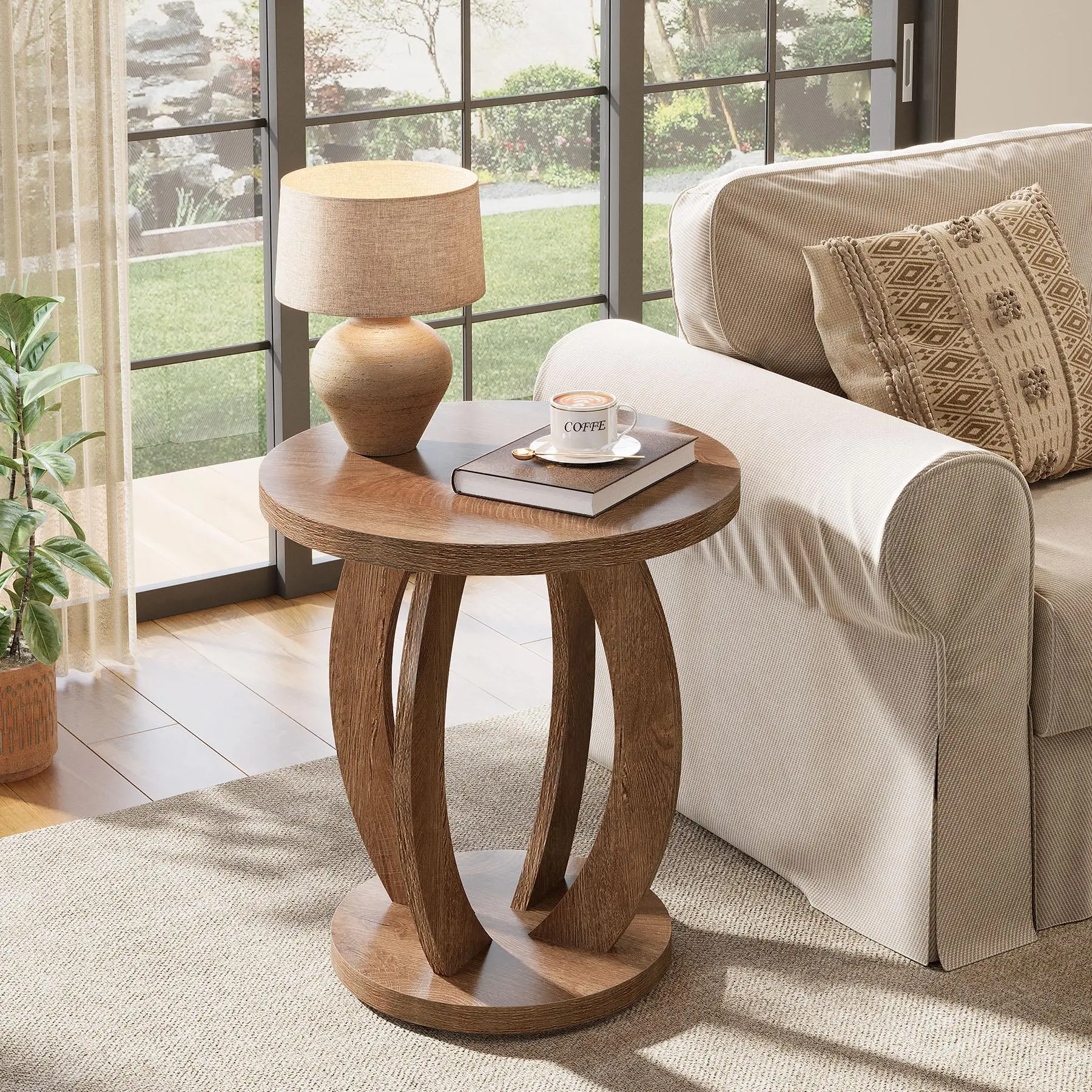 TRIBEWOOD End Table, Round Side Table with Storage, Farmhouse Nightstand Bedside with Round Tabletop, Accent End Table for Living Room Bedroom Small Space, Wooden Accent Furniture