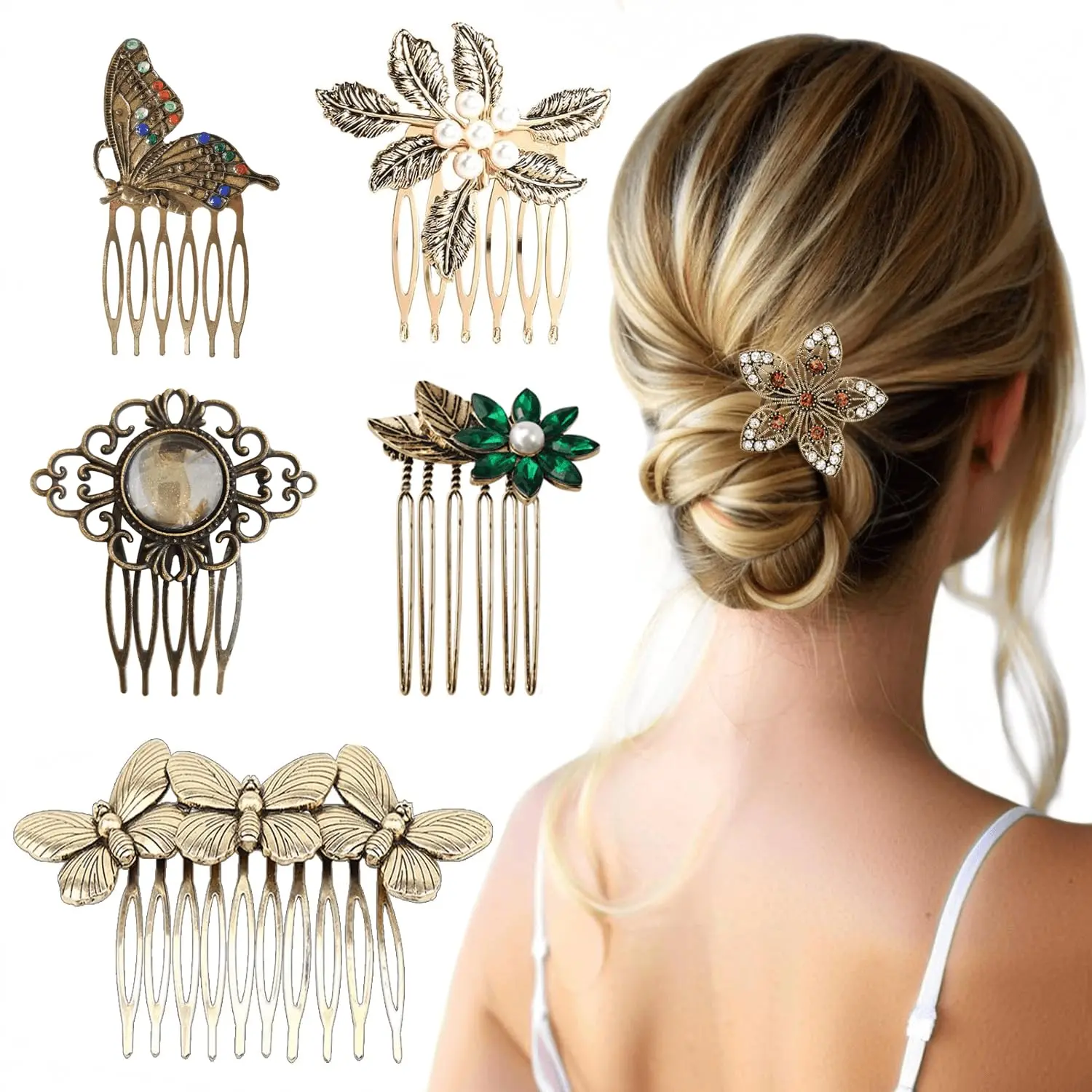 6 Pack Vintage Hair Side Combs for Women Decorative,Butterfly Flower Leaf Pearl Rhinestone Metal Hair Comb Tooth Clip with Teeth Grip Crystal Bridal Hair Piece Pins for Wedding