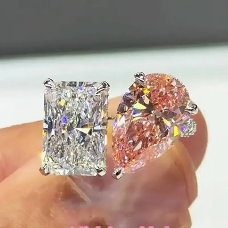 Maxine 5A Cubic Zirconia Women's Engagement Ring - 4.5Ct Rectangle & 2.5Ct Blush Pink Pear Cut Double Stones Toi et Moi Jewelry, Wedding Promise Rings for Proposal, Promiserings