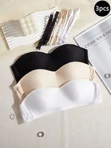 (3 Pack) Strapless Front Closure Bra, Full Support Anti-Slip Bandeau Bra, Ultimate Comfort, Lift Design, Convertible Bandeau, Everyday Wear for Lady