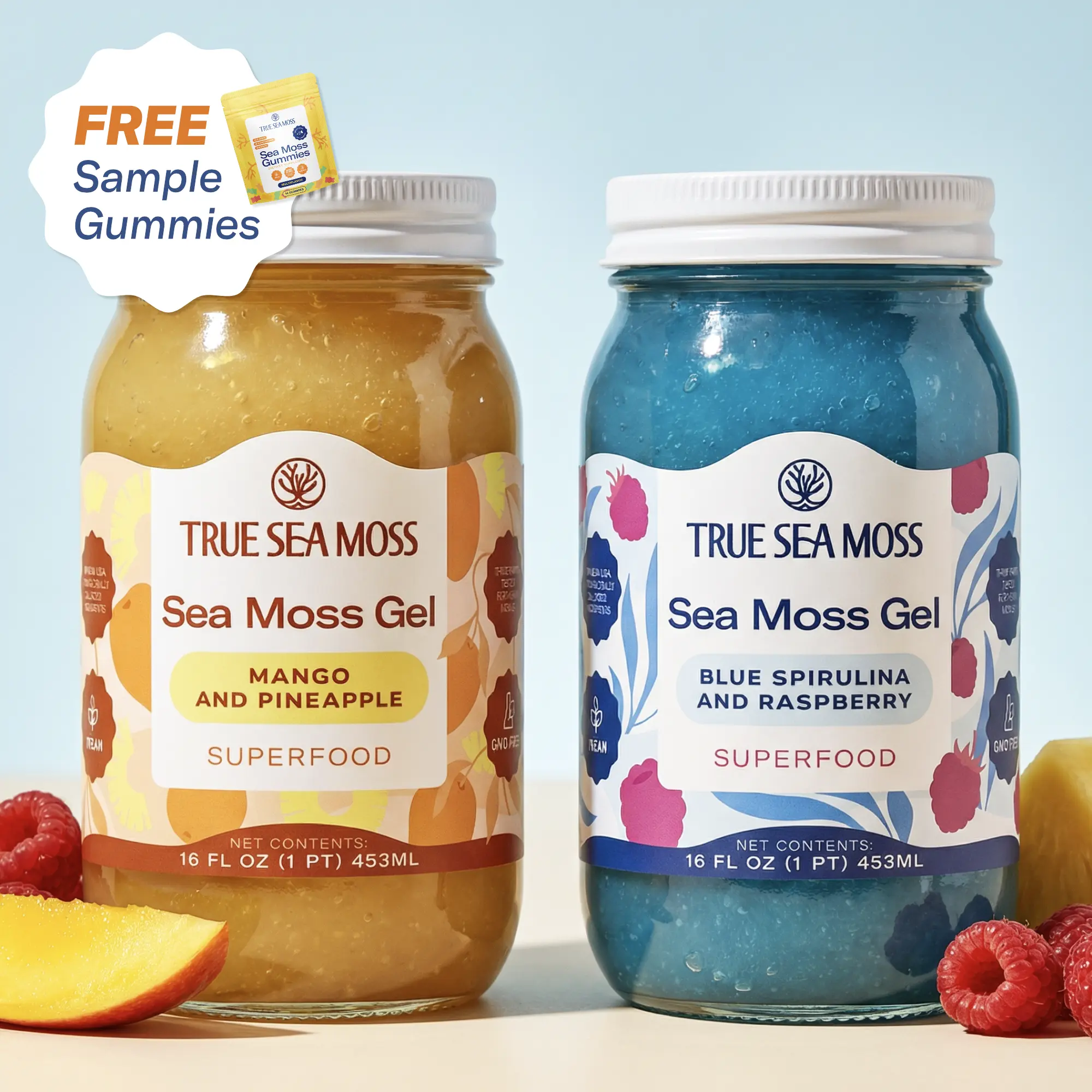 True Sea Moss Gel 2-Jar Bundle: Mango-Pineapple & Blue Spirulina-Raspberry – Rich in Essential Minerals & Vitamins – supports overall vitality