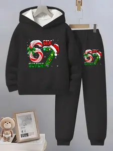 Autumn Winter Casual Sportswear Set, Christmas Six Seven Print Hoodie & Long Pants, Boys' Fitted Graphic Sweatshirt