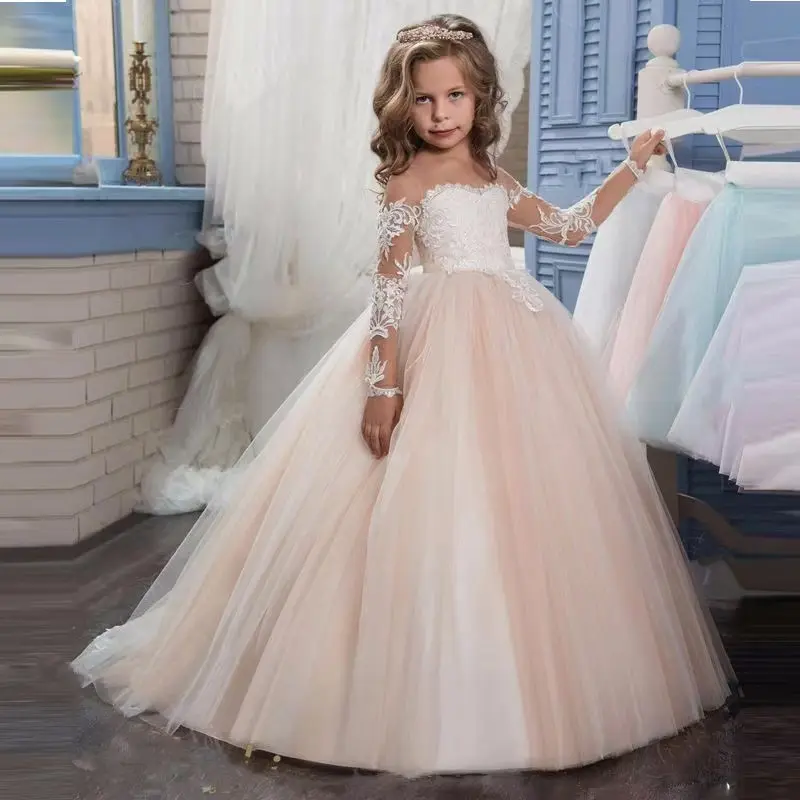 Girls' Elegant All-Seasons Long Sleeve Lace Dress, Full-Length Princess Gown with Contrast Lace for Parties & First Communion
