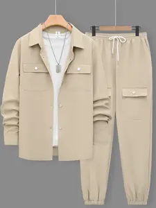 Men's Khaki Cargo 2-Piece Loungewear, Pajama, Homewear Se, Menswear, Long-Sleeve Lapel Shirt with Dual Chest Pockets + Elastic Drawstring Jogger Pants, Lightweight Breathable Fabric, For At-Home Lounging, Casual Evenings, Pajama Set