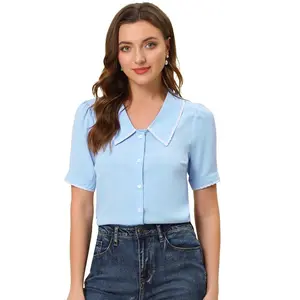 Allegra K Women's Peter Pan Collar Puff Short Sleeve Button Chiffon Blouse Light Blue Large