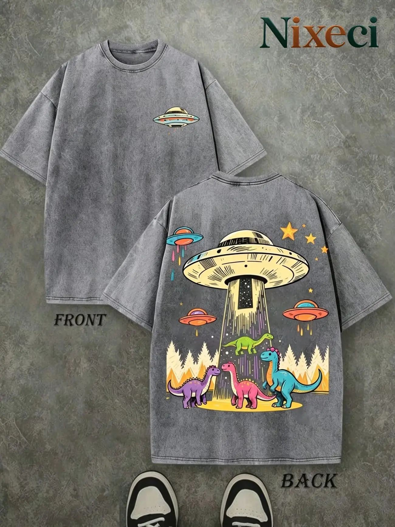 Vintage Washed T-Shirt for Men in Mint Green, Oversized Crew Neck Top with a Sci-Fi UFO & Dinosaur Print, 230G Heavyweight Fabric, Tshirt, Shortsleeve, Round Neck, Menswear, Men's T Shirts, Vintage Graphic Tees, Colorful, Vibrant Back, Ufo Print