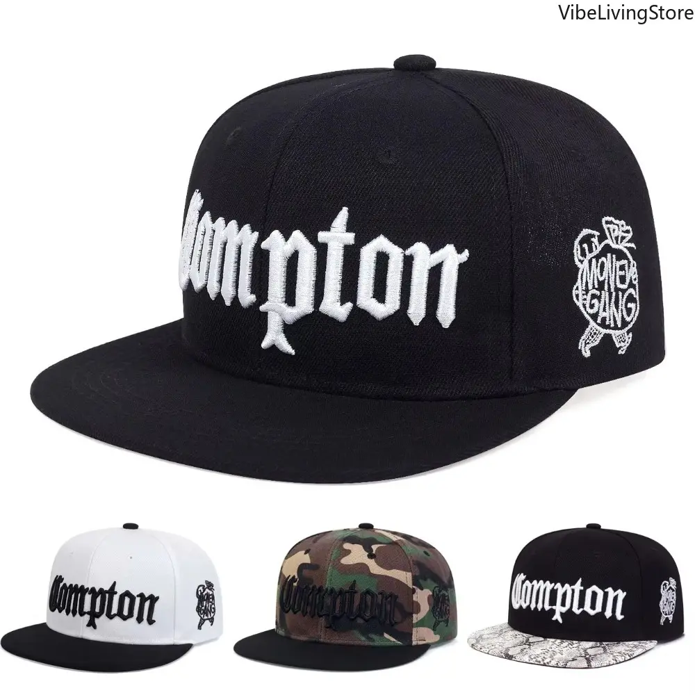Compton Embroidered Snapback Cap, Unisex Hip Hop Style Flat Brim Hat, Adjustable Baseball Cap for Casual Streetwear & Outdoor Use, Baseball Cap Adjustable