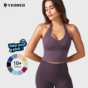 YEOREO Women's Halter Crop Top V Neck Workout Going Out Tank Top Hazel Padded Sleeveless Backless Trendy Summer Camisole