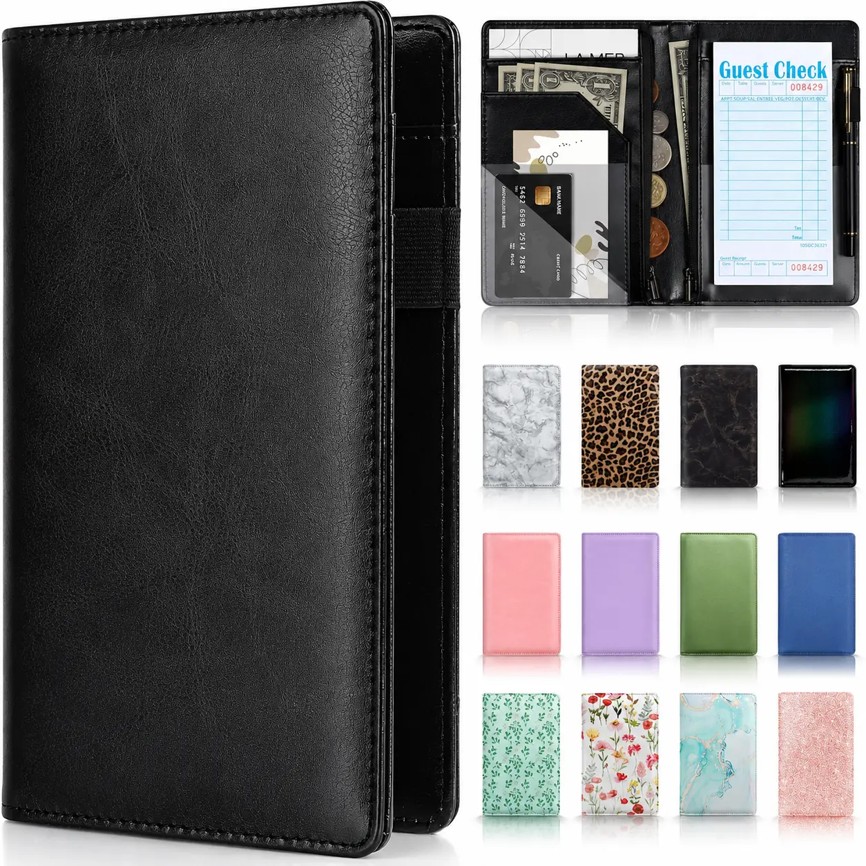 Server Book with 2 Zipper Pockets for Waitress, PU Leather Waitress Book with 8 Compartments, Receipt Holder, Guest Check Organizer, Server Organizer Fits Waitress Apron, Black