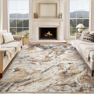 Garvee Machine Washable 9x12 Area Rug - Large, Non-Slip Modern Abstract Design, Low Pile Foldable Soft Floor Carpet for Living Room, Bedroom, Nursery, Dining Room in Brown