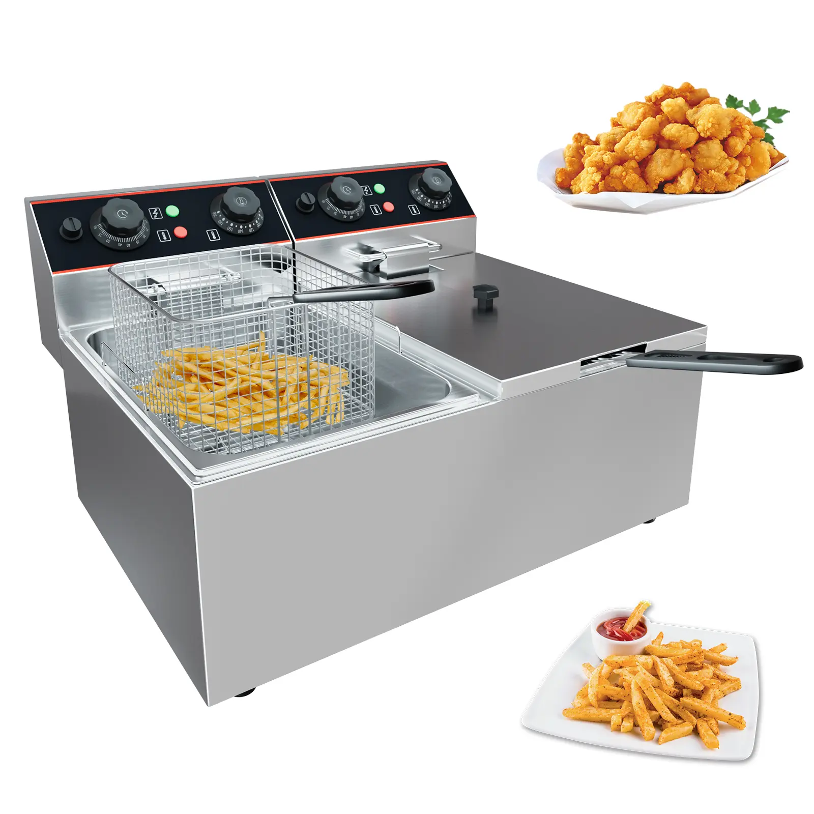 Commercial Electric Deep Fryer with Basket, 1800W Stainless Steel Countertop Fryer for Restaurant Food Truck, 6L 8L 11L Single Double Tank Turkey Fryer Machine for French Fries Chicken Wings, 110V