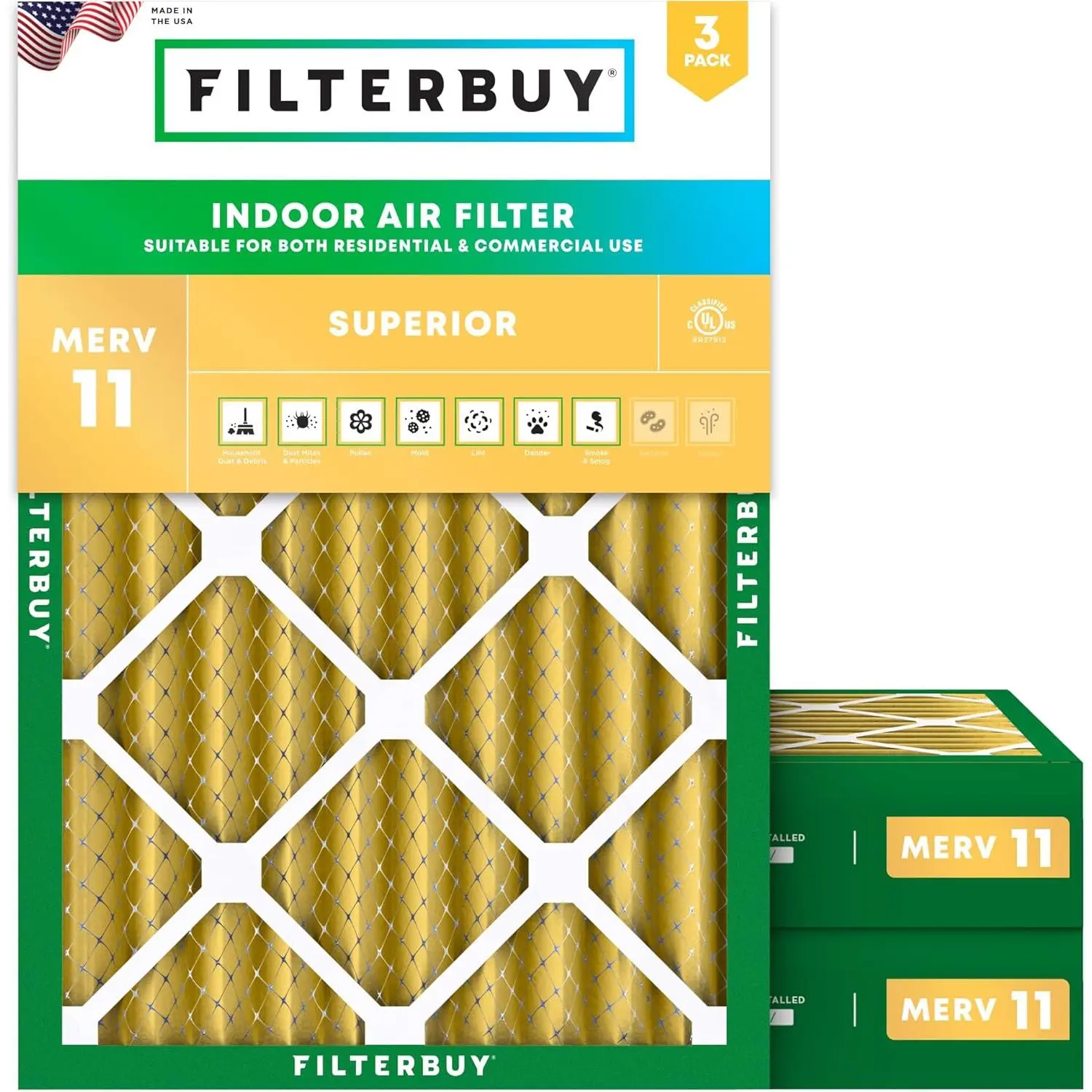 Filterbuy 20x25x4 Replacement Air Filter (3-Pack) - Pleated Shape Electrostatic MERV 11 Allergen Trap for HVAC AC Furnace (Actual Size: 19.5x24.5x3.63 in), 19.5X24.5"