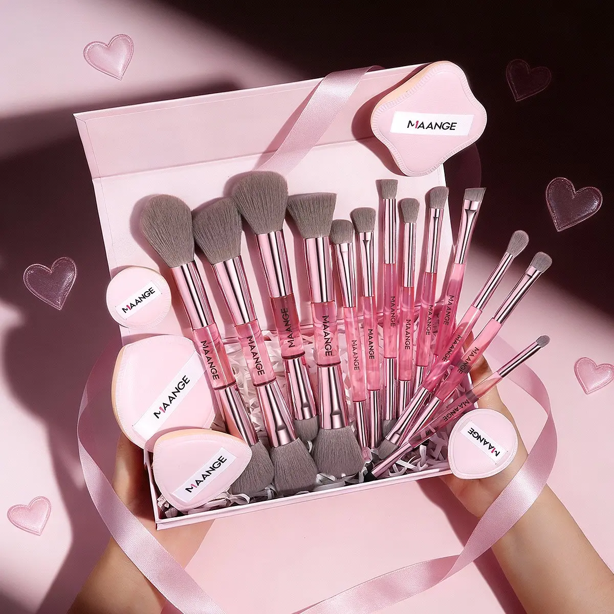 Maange 13-Piece Dual-Ended Makeup Brush Set + 5 Powder Puff Accessories Gift Box, Brush Combo, Brush Makeup Kit, Soft Cosmetic Brushes, Dual Edge Brushes, Essential Beauty Tools, Makeup Brushes Kits, Perfect Valentine's Day Present