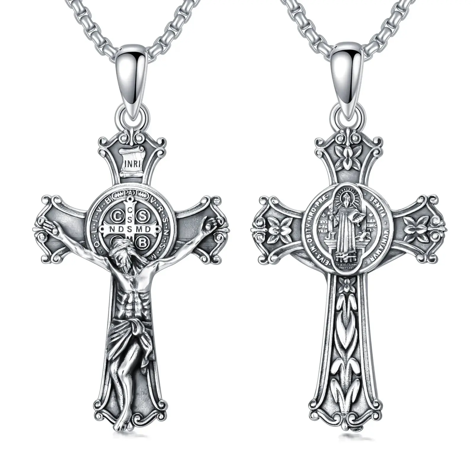 925 Sterling Silver St Benedict Crucifix Pendant Necklace Religious Amulet Jewelry Gift for Men Women TikTokShopBlackFriday