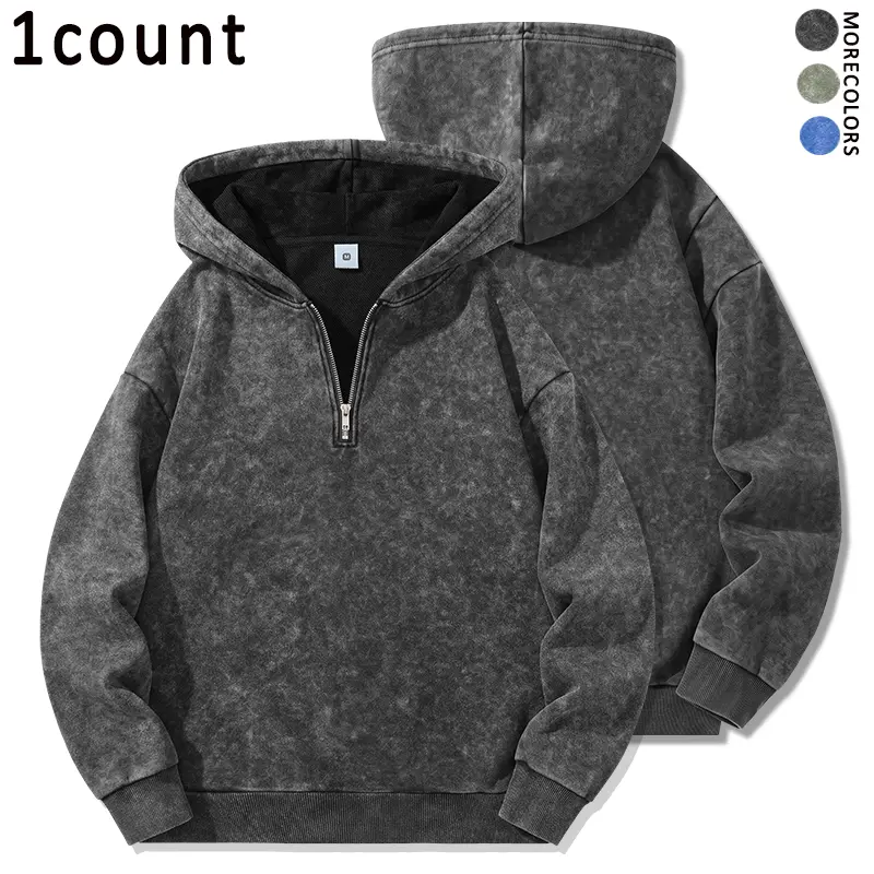 Men’s autumn/winter quarter-zip pullover sports sweatshirt with hood, regular fit, acid-washed distressed cotton fabric, adjustable zip closure on the hood, long sleeves, casual style.Perfect for everyday commuting, sports training, dates, and outdoor lei