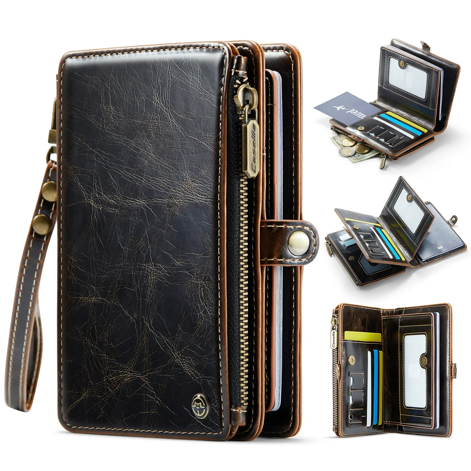 RFID Blocking Passport Holder Wallet, 11 Card Slots Travel Organizer with Zipper Coin Pocket, Detachable Wrist Strap & Magnetic Closure Passport Case for Men Women