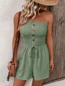 Women's Plain Shirred Tie Front Bandeau Romper with Frill Trim, Boho Strapless High-Waisted Romper for Summer, Fashion Casual Women's Romper for Daily Wear, Comfy Casual Romper
