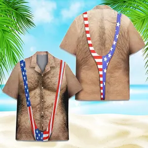 American Flag Funny Hawaiian Shirt Men Patriotic Chest Hair Illusion 3D Graphic Short Sleeve Casual Button Down Beach Party Summer Outfits T-Shirts
