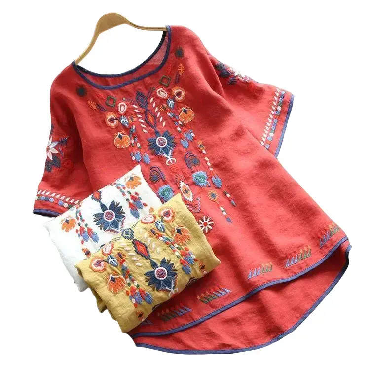Floral Embroidered Blouse – Loose Fit Cotton Linen Summer Top | Casual Vintage O-Neck Short Sleeve Shirt for Women