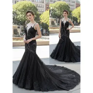 Wesley Black and Silver Wedding Dress, Gothic Wedding Dress, Trumpet Black Dress, Illusion Black Wedding Dress