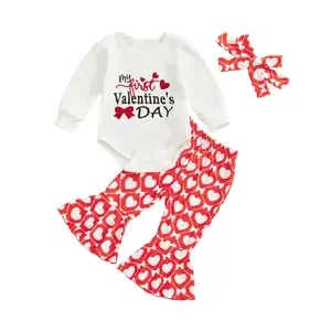 Meihuida My First Valentines Day Baby Girl Outfit Newborn Infant Long Sleeve Knit Romper + Red Heart Flare Pants + Headband Set